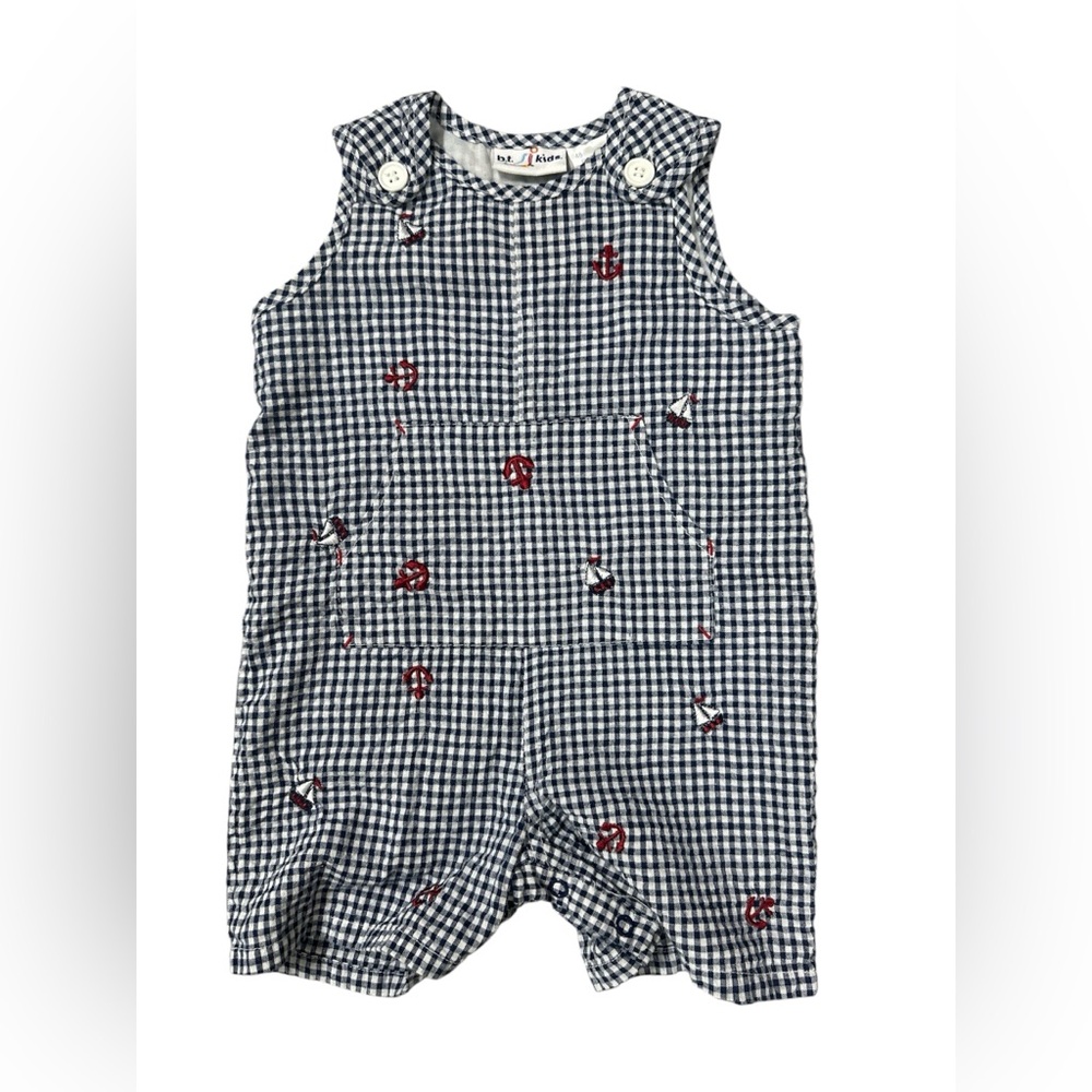 Gingham Smocked Embroidered Anchor Nautical Baby Romper Vintage